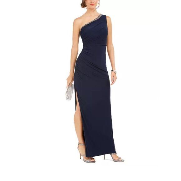 Adrianna Papell One-Shoulder Jersey Gown Navy Blue Sz 2 - Picture 1 of 13